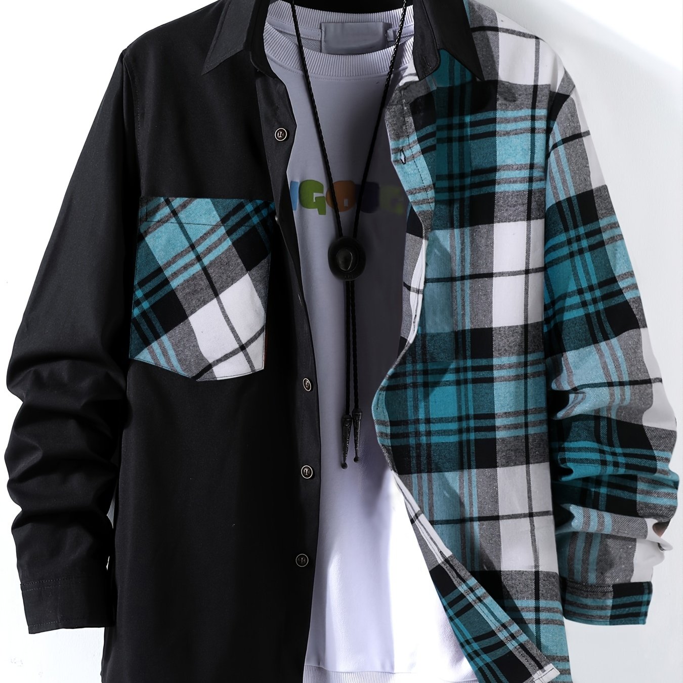 「lovevop」Stylish Collage Chest Pocket Plaid Pattern Casual Long Sleeve Button Up Shirt, Men's Clothes For Spring Summer Fall Outdoor