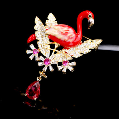 2025 Korean fashion coat accessories shine zircon temperament elegant coat high-end animal corsage flamingo brooch