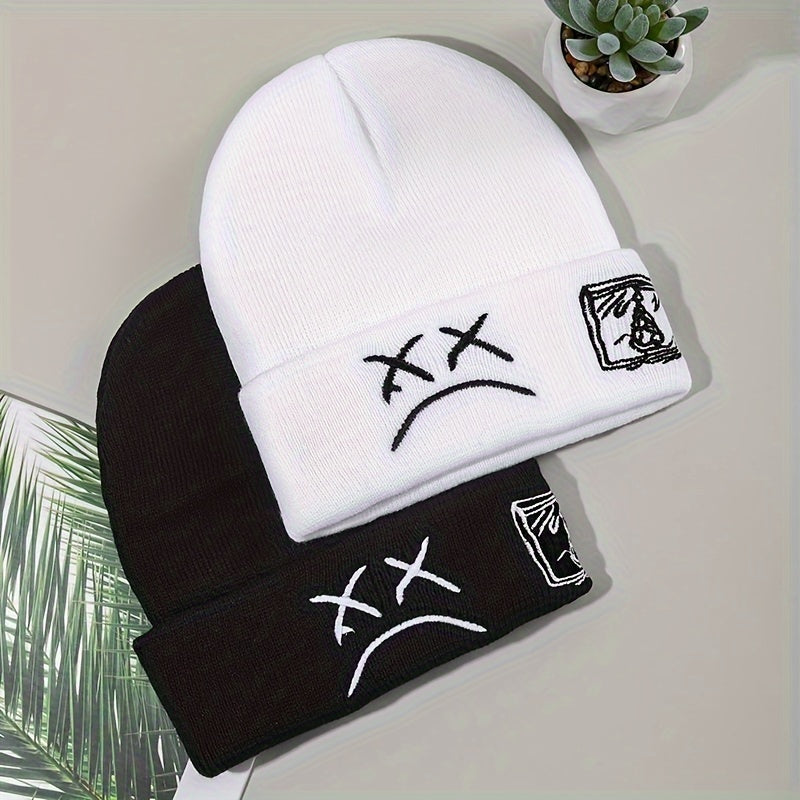 Trendy Sad Face Embroidery Graphic Beanie - Skullies & Beanies with Cuffed Design, Black & White Knit, Hip Hop Style, Casual Wear for Women and Men - Fashionable Winter Accessories