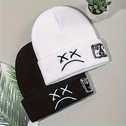 Trendy Sad Face Embroidery Graphic Beanie - Skullies & Beanies with Cuffed Design, Black & White Knit, Hip Hop Style, Casual Wear for Women and Men - Fashionable Winter Accessories