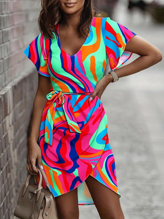 「lovevop」Plants Print V Neck Dress, Casual Short Sleeve Asymmetrical Hem Tie Waist Dress, Women's Clothing