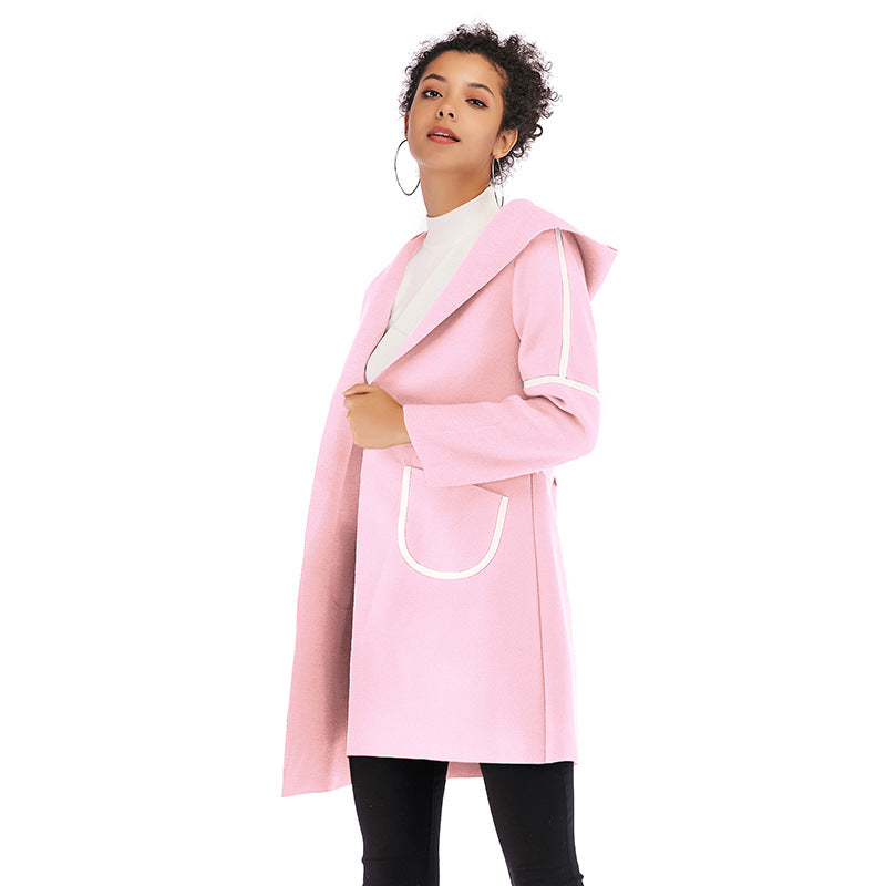 LOVEVOP trade autumn and winter 2025 women's clothing medium and long hooded warm thickened woolen coat contrasting color cardigan jacket women