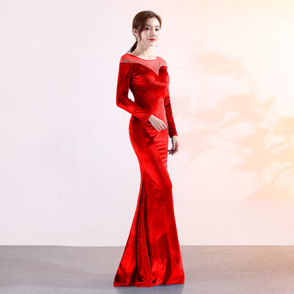 1209 Velvet Banquet Evening Dress Winter Long Sleeve Company Annual Meeting Host Long Fish Tail Party Party Party