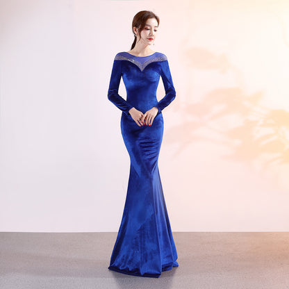 1209 Velvet Banquet Evening Dress Winter Long Sleeve Company Annual Meeting Host Long Fish Tail Party Party Party