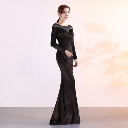 1209 Velvet Banquet Evening Dress Winter Long Sleeve Company Annual Meeting Host Long Fish Tail Party Party Party