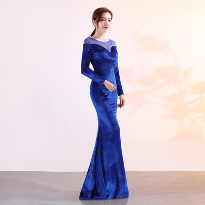 1209 Velvet Banquet Evening Dress Winter Long Sleeve Company Annual Meeting Host Long Fish Tail Party Party Party