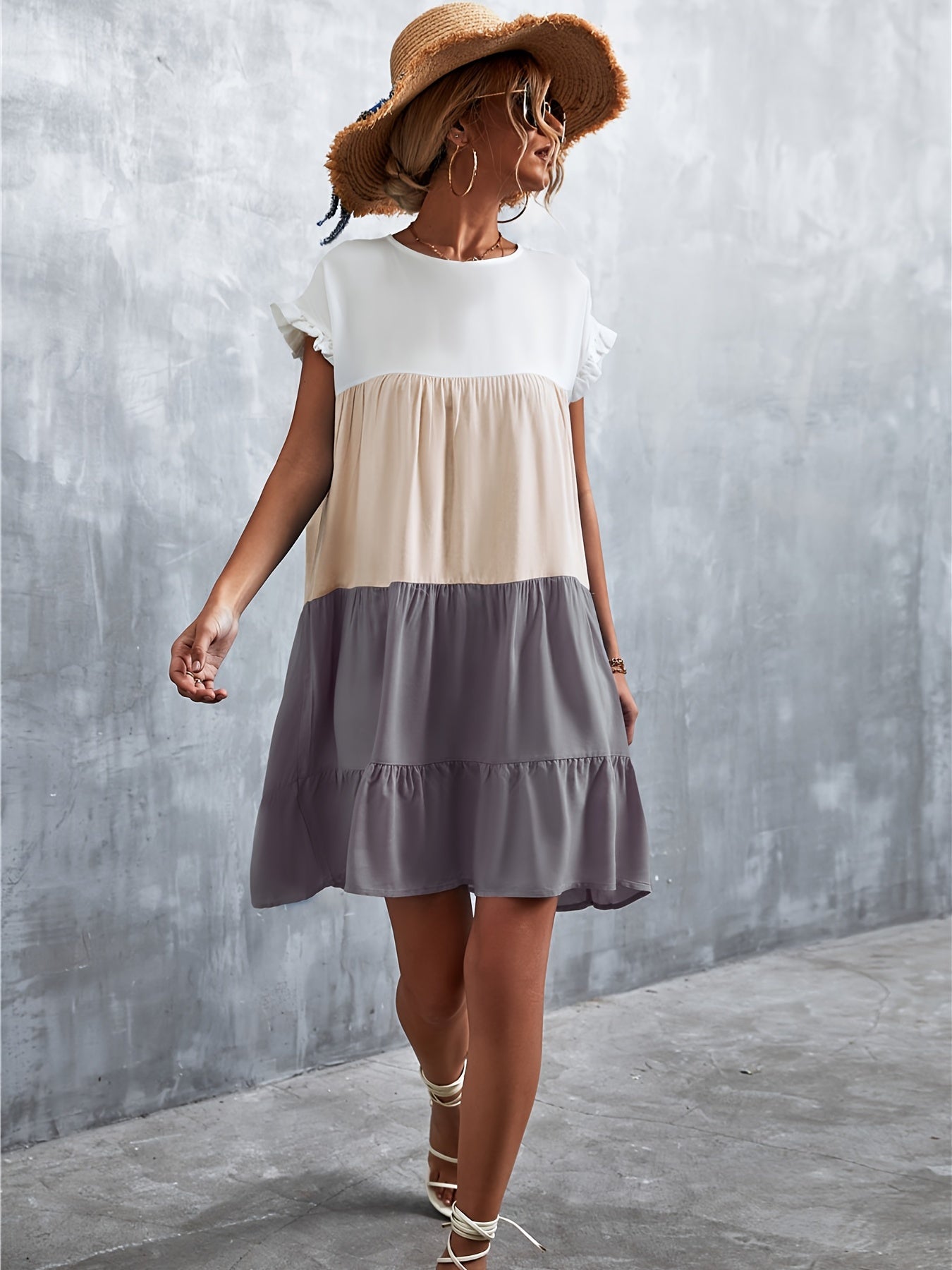 「lovevop」Women's Summer Dress Sleeveless Ruffle Sleeve Round Neck Mini Dress Color Block Loose Short Flowy Pleated Dress