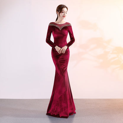 1209 Velvet Banquet Evening Dress Winter Long Sleeve Company Annual Meeting Host Long Fish Tail Party Party Party