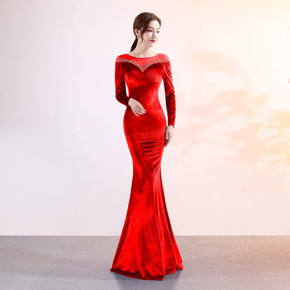 1209 Velvet Banquet Evening Dress Winter Long Sleeve Company Annual Meeting Host Long Fish Tail Party Party Party