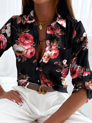 「lovevop」Women's Blouse V-neck Printed Long Sleeve Button Spring Fall Blouse