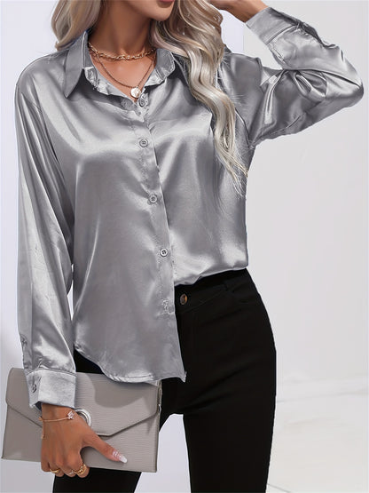 「lovevop」Solid Smoothly Shirt, Elegant Button Front Turn Down Collar Long Sleeve Shirt, Women's Clothing