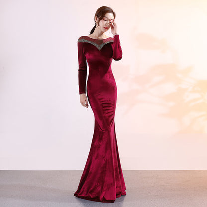 1209 Velvet Banquet Evening Dress Winter Long Sleeve Company Annual Meeting Host Long Fish Tail Party Party Party