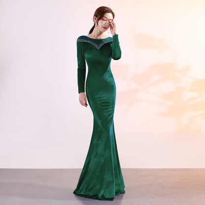 1209 Velvet Banquet Evening Dress Winter Long Sleeve Company Annual Meeting Host Long Fish Tail Party Party Party