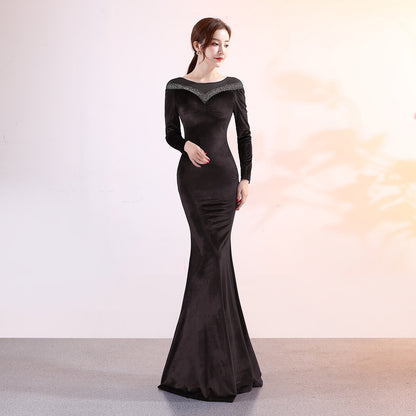 1209 Velvet Banquet Evening Dress Winter Long Sleeve Company Annual Meeting Host Long Fish Tail Party Party Party