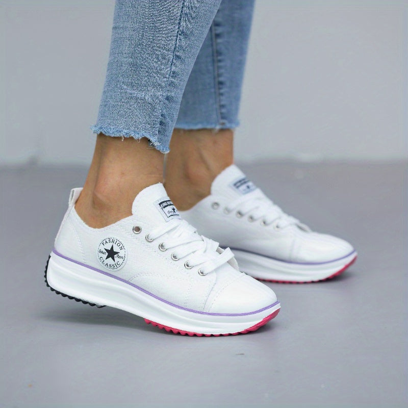 「lovevop」Women's Platform Canvas Shoes, Solid Color Round Toe Lace-up Sneakers, Casual Low Top Shoes