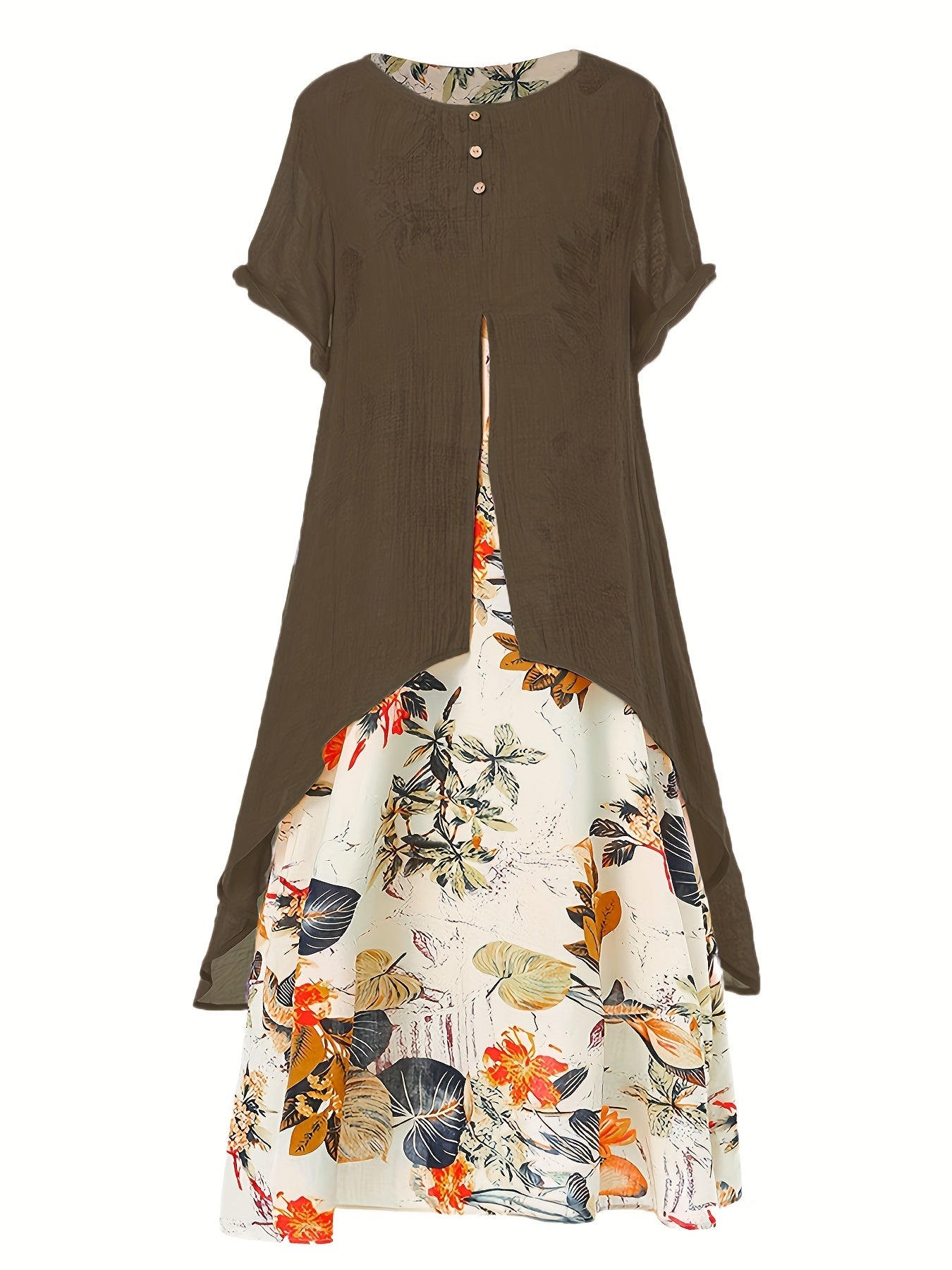 「lovevop」Casual Asymmetrical Floral Print Dress, Crew Neck Short Sleeve Dress, Casual Every Day Dress, Women's Clothing