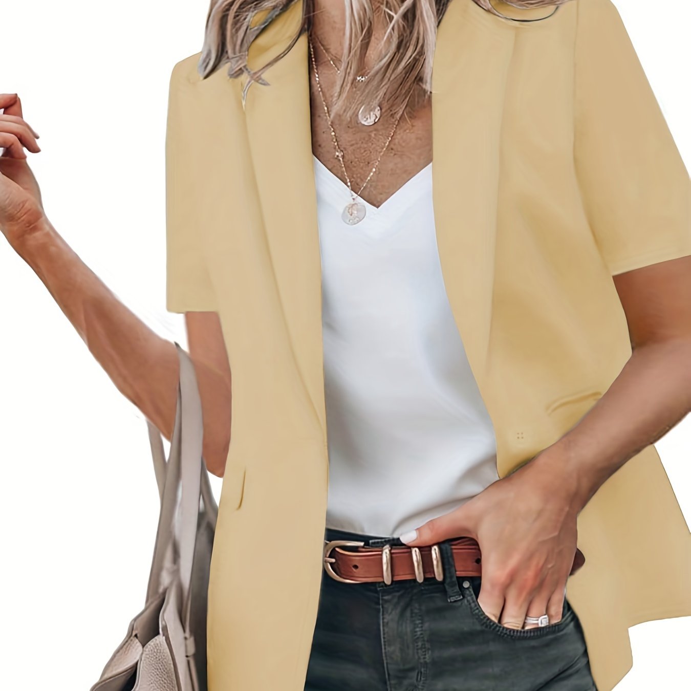 「lovevop」Short Sleeve Open Front Blazer, Casual Lapel Blazer For Spring & Summer, Women's Clothing