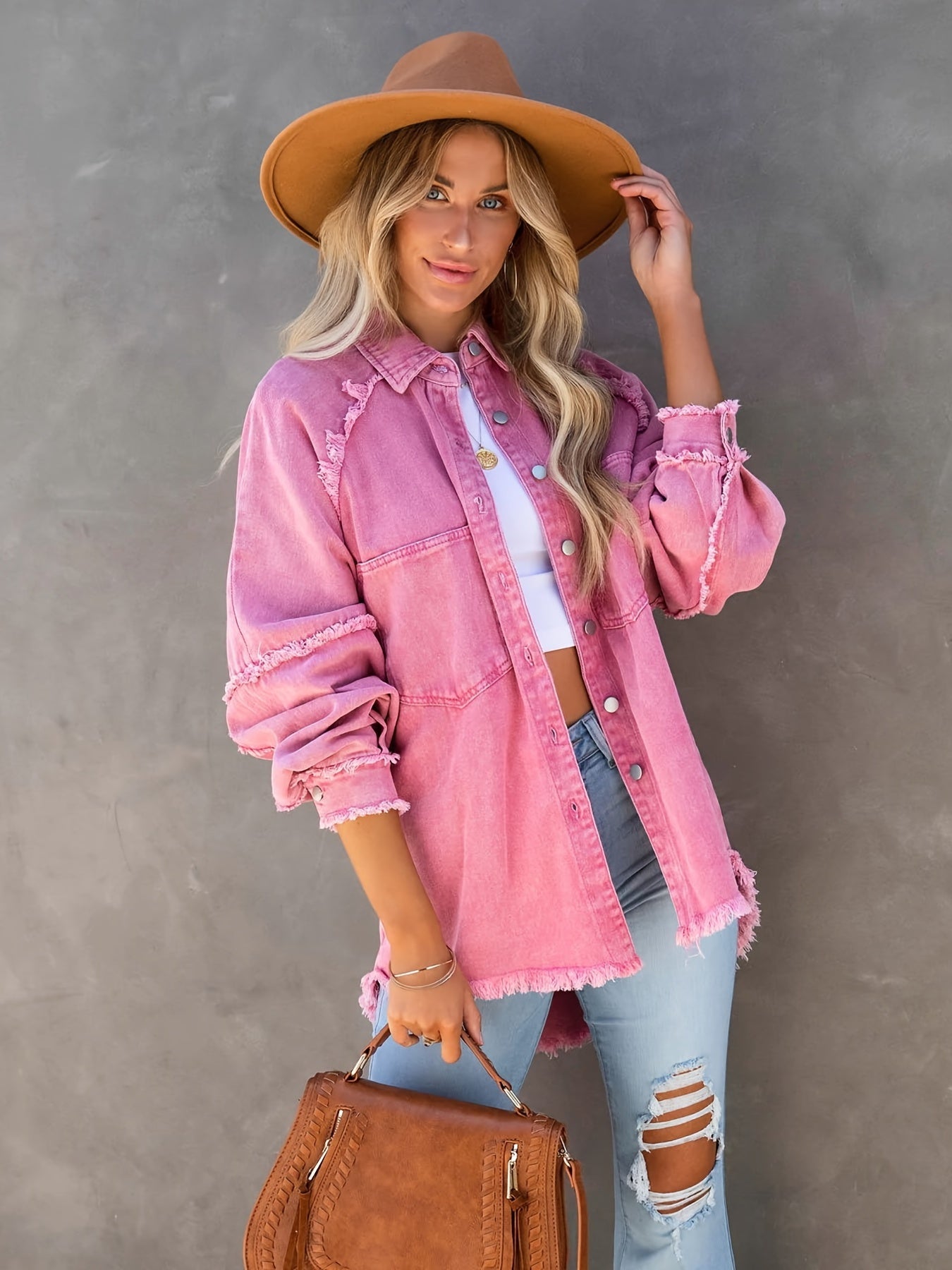 Lovevop-Pink Raw Hem Ripped Denim Jackets, Oversized Distressed Long Sleeve Frayed Fringe Denim Coats, Women's Denim Jackets & Clothing