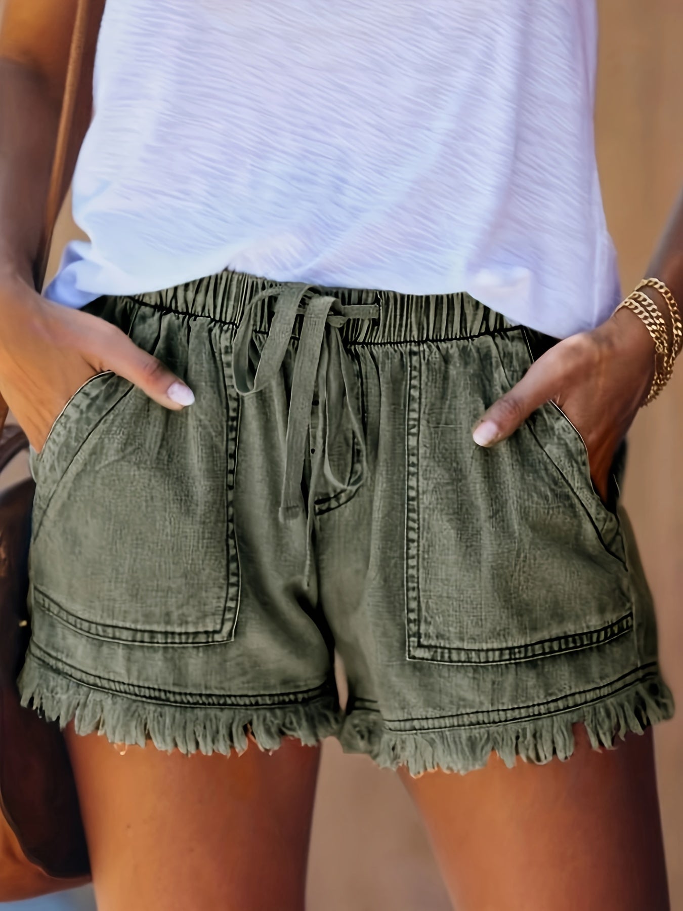 「lovevop」Raw Hem Short Denim Pants, Elastic Waist Slash Pockets Casual Denim Shorts, Women's Denim Jeans & Clothing
