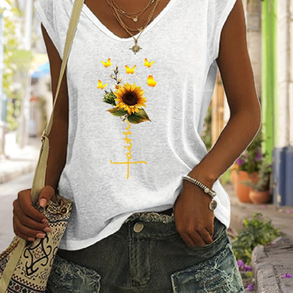 「lovevop」Sunflower Print Tank Top, Sleeveless Casual Top For Spring & Summer, Women's Clothing