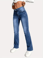 「lovevop」Navy Blue Slant Pockets Flared Jeans, Boot-Cut Slash Pockets High-Stretch Denim Pants, Women's Denim Jeans & Clothing