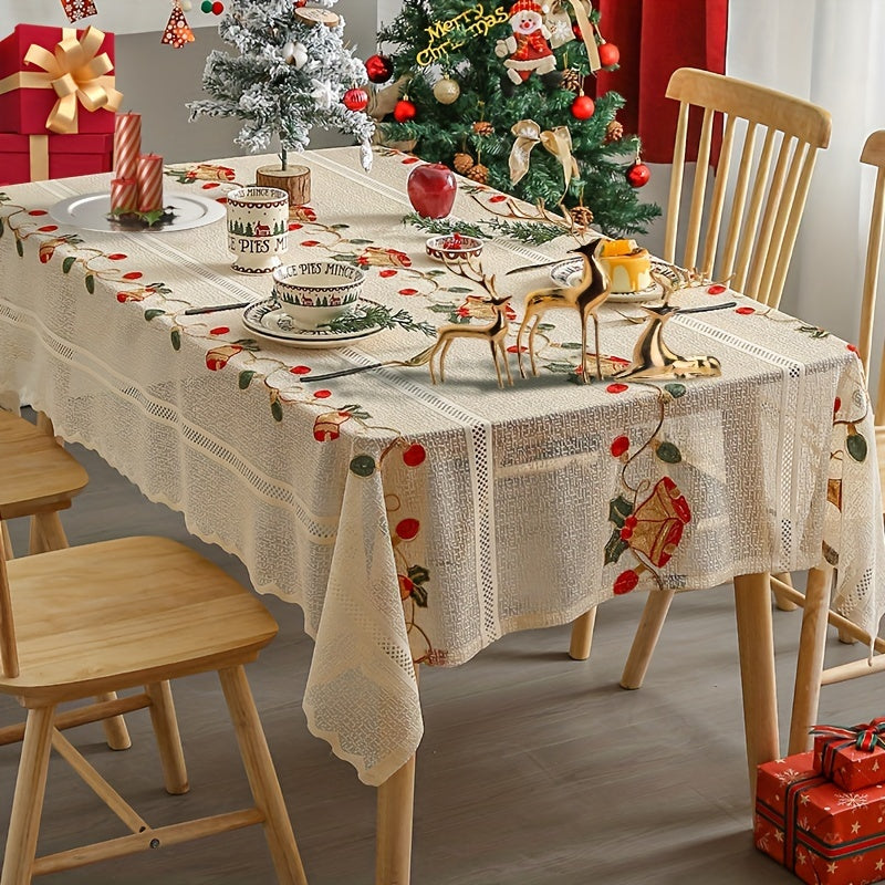 1pc, Polyester Tablecloth, Merry Christmas Table Cover, Red Bell Pattern Table Cover, Hollow Design Christmas Atmospheric Table Decor, Holiday Desktop Decoration Fabric Table Cloth, Home Decoration, Christmas Decor, Gift