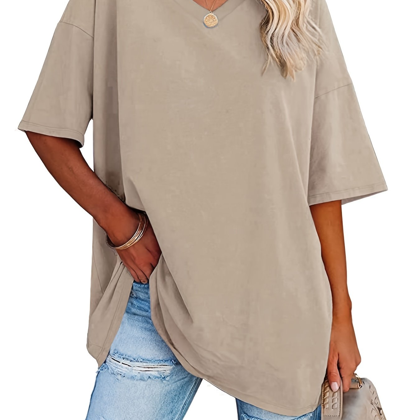 「lovevop」Basic Loose Solid T-Shirts, Casual Short Sleeve V-Neck T-Shirts, Casual Every Day Tops, Women's Clothing