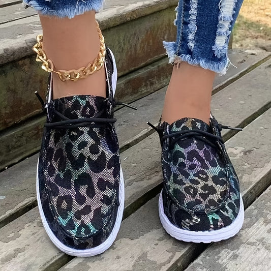 「lovevop」Women's Leopard Print Canvas Shoes, Lightweight Lace Up Flat Shoes, Casual Slip On Shoes