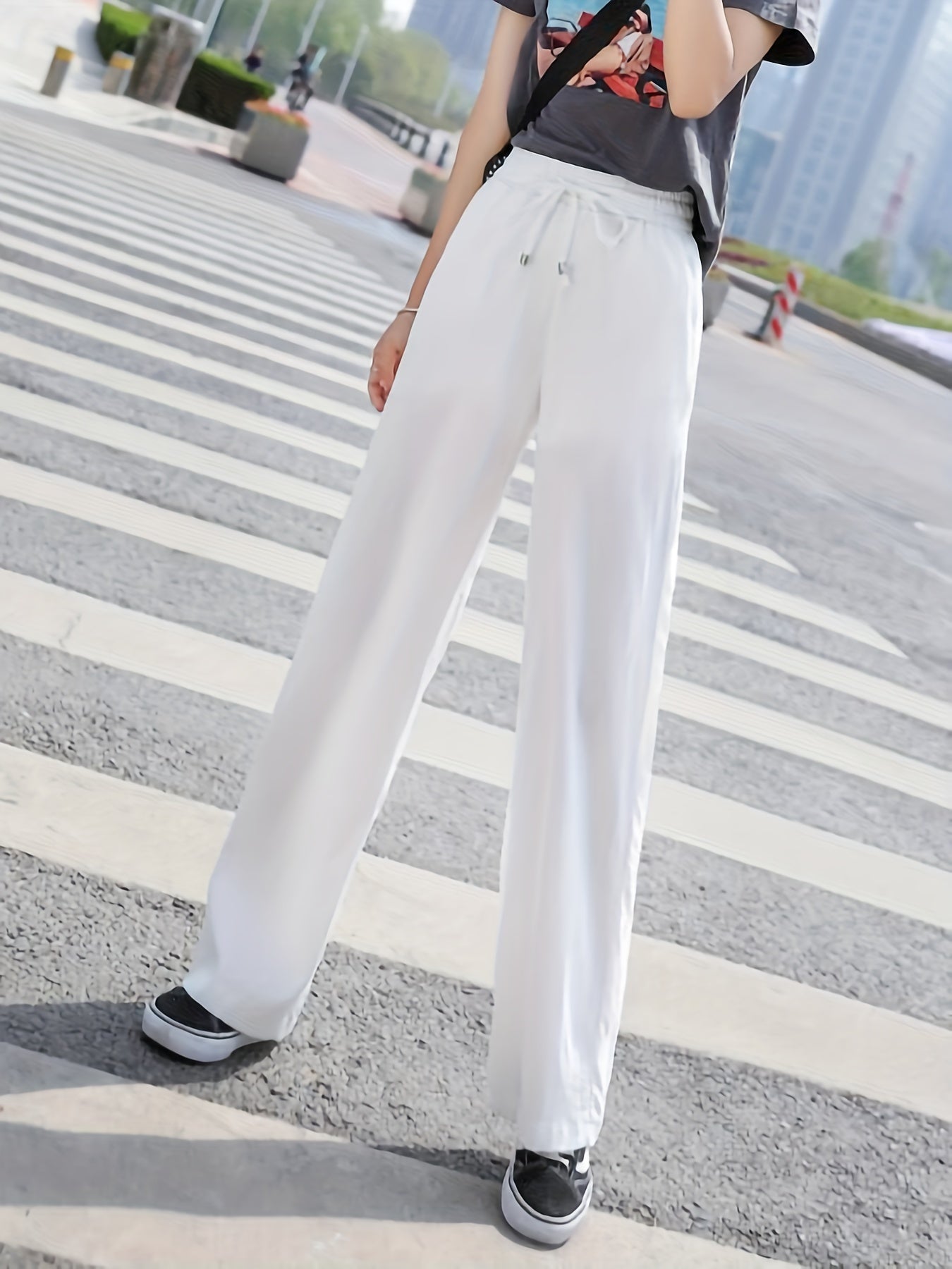 「lovevop」Minimalist Solid Drawstring Pants, Casual Long Length Elastic Waist Wide Leg Pants, Women's Clothing