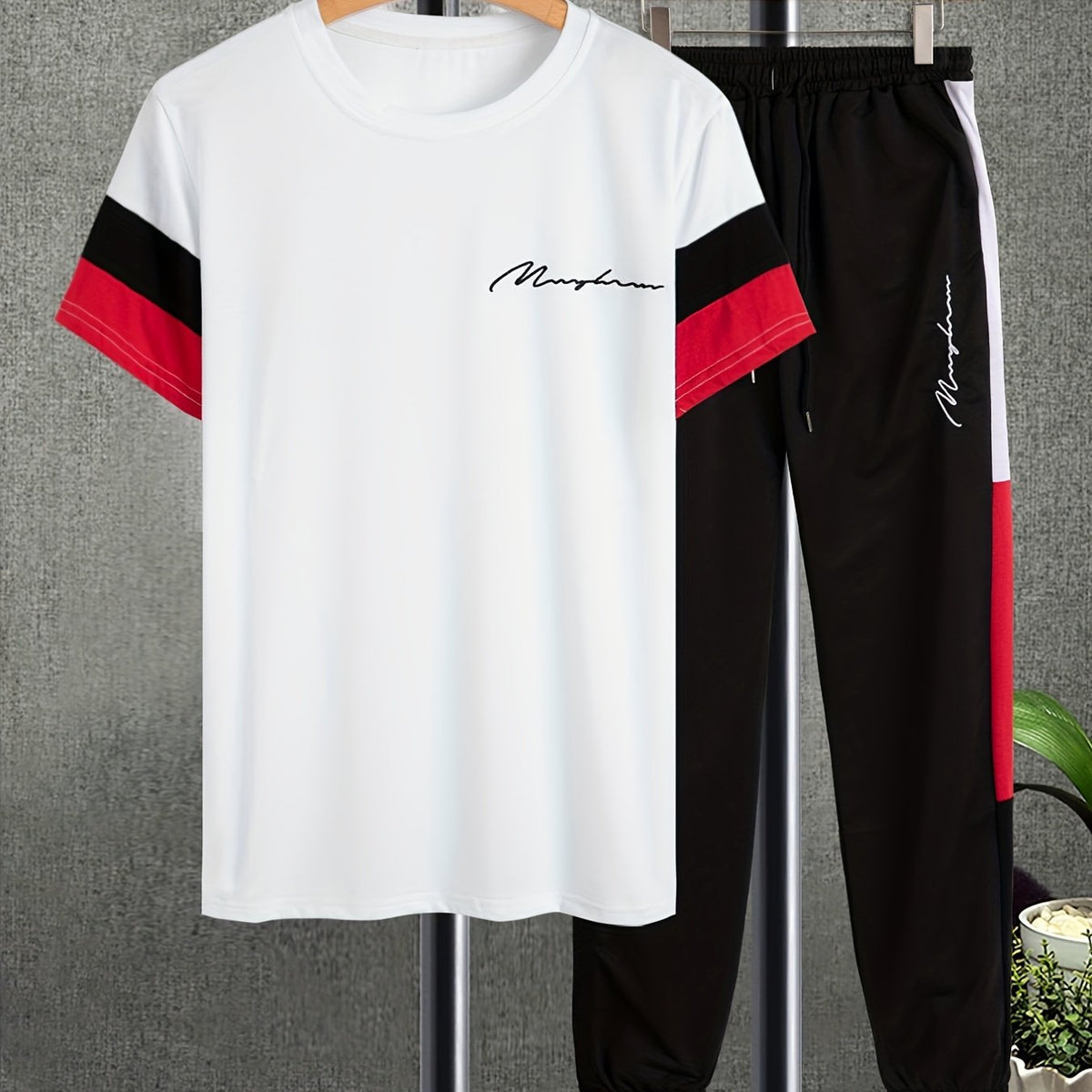 「lovevop」Men's Colorblock Casual T-shirt Outfit Set, 2 Pieces Round Neck Short Sleeve Tees And Drawstring Long Pants