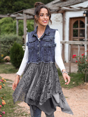 Lovevop-Raw Sleeve Trim Washed Black Denim Vest Jacket, With Long Lace Embroidery & Solid Color Skirtlike Hem, Women's Denim Jackets & Coats