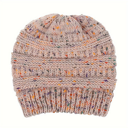 Acrylic Knit Solid Color Slouchy Beanie with Ponytail Hole - Soft, Packable, Elastic, Warm, and Trendy - Perfect for Daily Use in Autumn and Winter