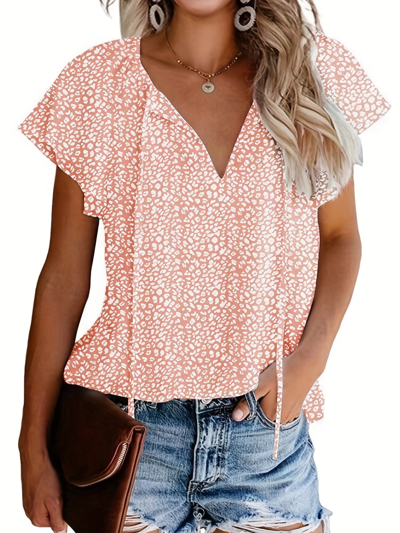 「lovevop」V Neck Flutter Sleeve Blouse, Loose Casual Top For Summer & Spring, Women's Clothing