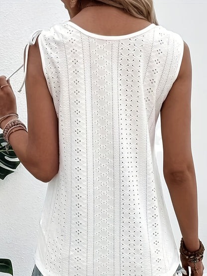 「lovevop」Eyelet Solid Tank Top, Sleeveless Casual Top For Summer & Spring, Women's Clothing