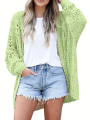 「lovevop」Boho Crochet Knit Cardigan, Vacation Beach Wear Solid Draped Mid Length Summer Sweater, Women's Clothing
