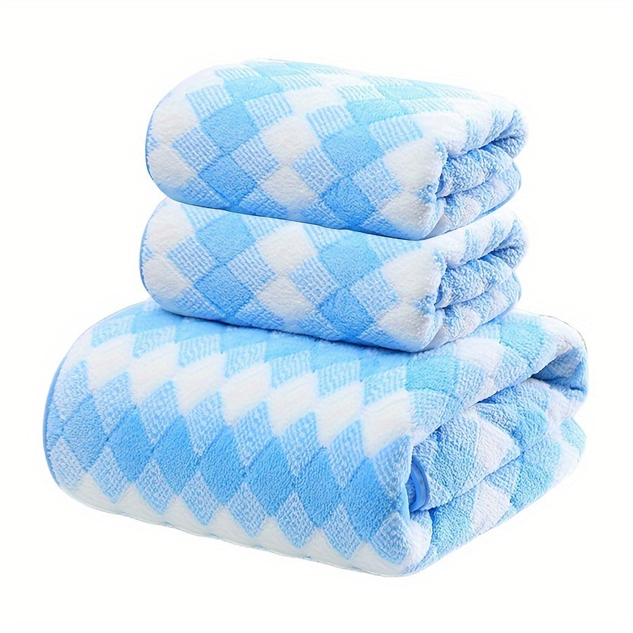 2pcs Towels + 1pc Bath Towel/ 3pcs Plaid Pattern Towel Set, Coral Velvet 2 Hand Towel + 1 Bath Towel, Soft Absorbent Towels For Bathroom, 1 Bath Towel & 2 Hand Towel, Towel Set For Home Bathroom, Bathroom Supplies