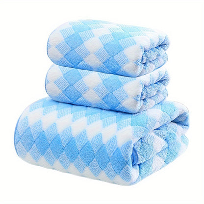 2pcs Towels + 1pc Bath Towel/ 3pcs Plaid Pattern Towel Set, Coral Velvet 2 Hand Towel + 1 Bath Towel, Soft Absorbent Towels For Bathroom, 1 Bath Towel & 2 Hand Towel, Towel Set For Home Bathroom, Bathroom Supplies