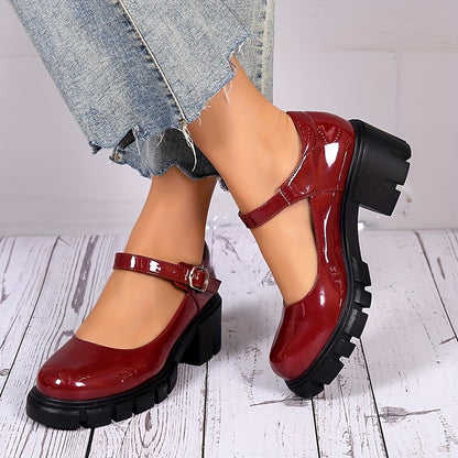 Women's Chunky Heel Shoes, Solid Color Round Toe Buckle Strap Shoes, Versatile Dress Mid Heels