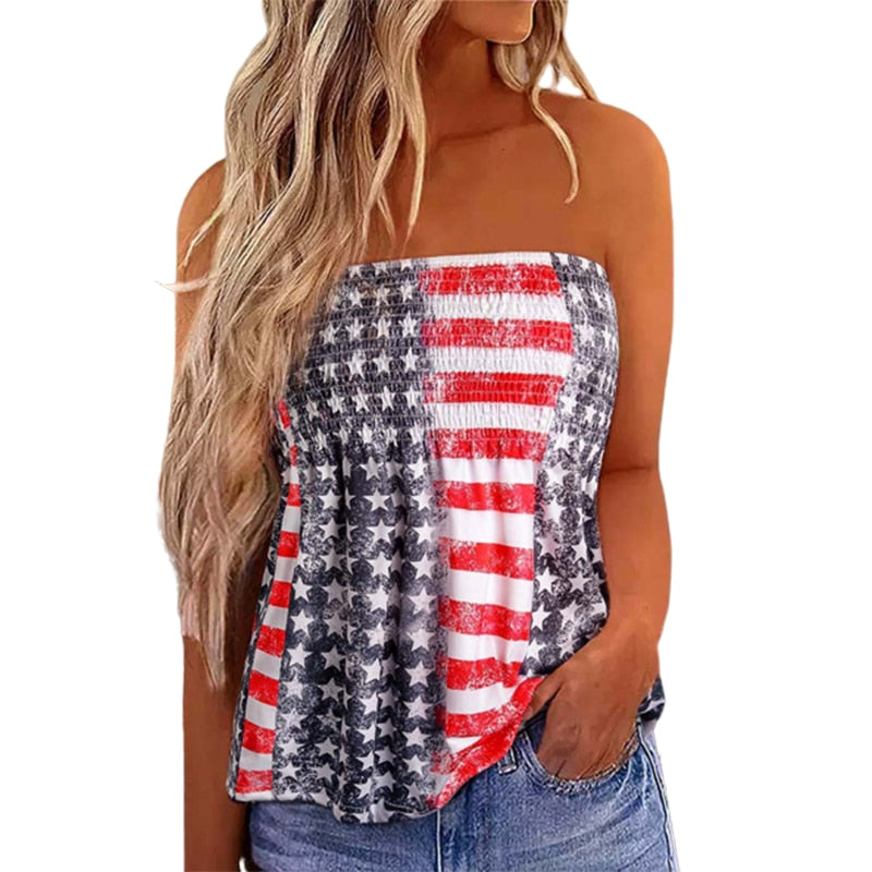 Strapless Bandeau Tank Women American Flag Smocked Off Shoulder Tube Tops Summer Casual Loose Holiday Vest Shirts Blouse 2023