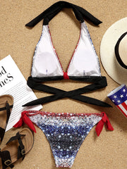 American Flag Women Bikini Set Glitter Tie Swimwear 4th Of July Halter Swimsuit Two-Piece Bathing Suit Holiday Beach Wear 2023