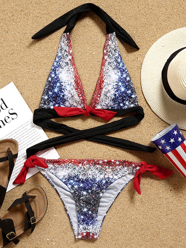 American Flag Women Bikini Set Glitter Tie Swimwear 4th Of July Halter Swimsuit Two-Piece Bathing Suit Holiday Beach Wear 2023