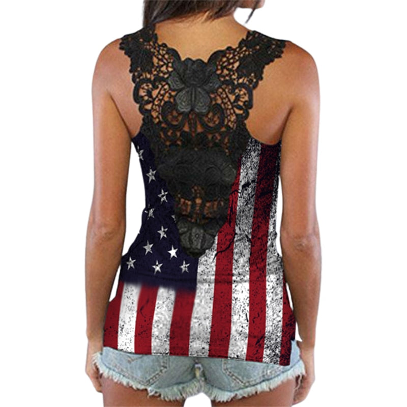 Sexy Lace Splicing Tank Tops Shirts for Women American US Flag Sleeveless Open Back Cutout Top Cami Summer Blouse Racerback Tank