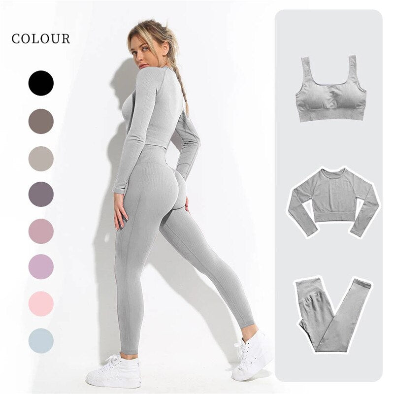 lovevop Women's Sportswear Yoga Set Workout Clothes Athletic Wear Sports Gym Legging Seamless Fitness Bra Crop Top Long Sleeve Yoga Suit