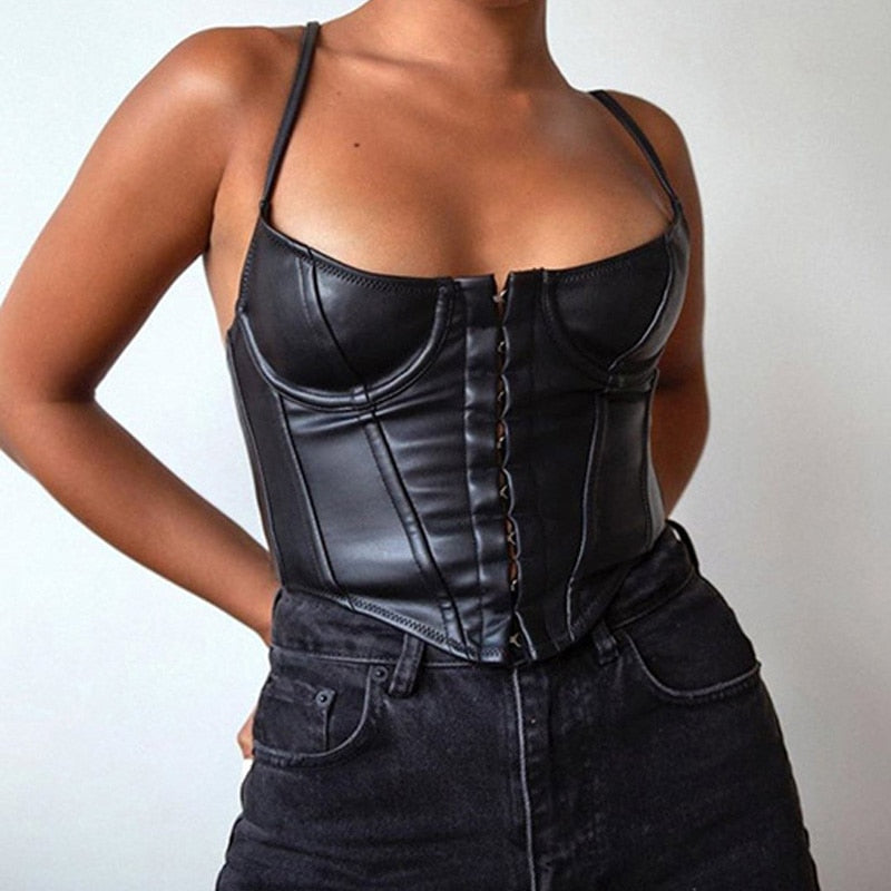 lovevop  Black PU Leather Bustier Corset Top Women Spaghetti Strap Backless Faux Leather Crop Top Fashion Streetwear Tops For Summer