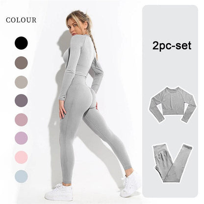 lovevop Women's Sportswear Yoga Set Workout Clothes Athletic Wear Sports Gym Legging Seamless Fitness Bra Crop Top Long Sleeve Yoga Suit