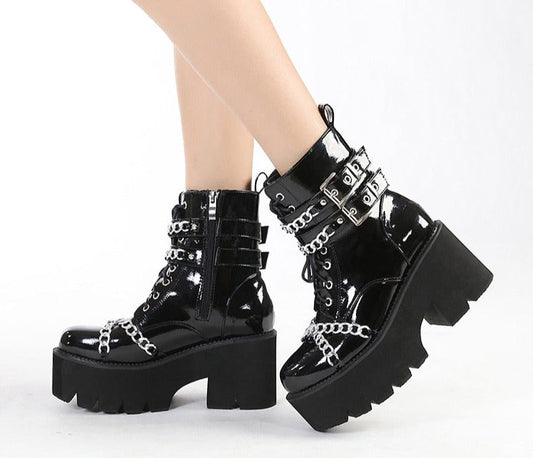 Thanksgiving  lovevop  Women Shoes Boots Black Dark Cool Thick Bottom Platform Harajuku Shoes With Metal Chain Gothic Punk Girls Shoes Footwear