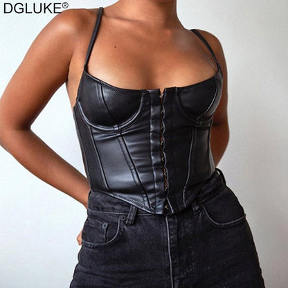 lovevop  Black PU Leather Bustier Corset Top Women Spaghetti Strap Backless Faux Leather Crop Top Fashion Streetwear Tops For Summer