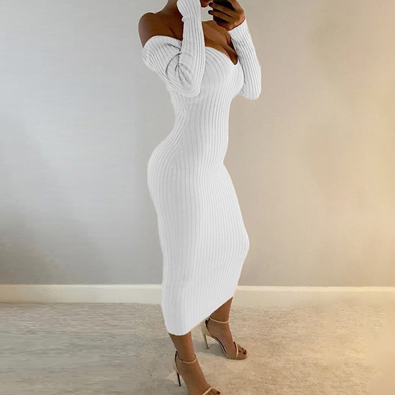 lovevop  Spring Autumn   Deep V-Neck Casual Knitted Dress Women Fashion Long Sleeve Sweater Dresses   Package Hip Long Dress