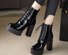 lovevop   Thick High Heeled Female Patent Leather Ankle Boots Round Toe Lace-Up Zipper Women Short Boots Gothic Women Shoes