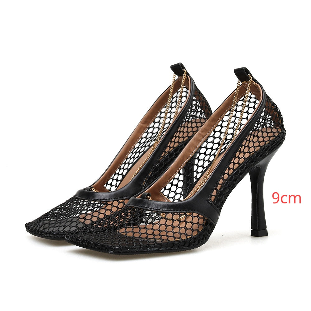 lovevop  9Cm Summer Autumn   Mesh Pumps Sandals Female Square Toe High Heel Chain Stiletto Hollow Party Dress Pumps Shoe Sandals